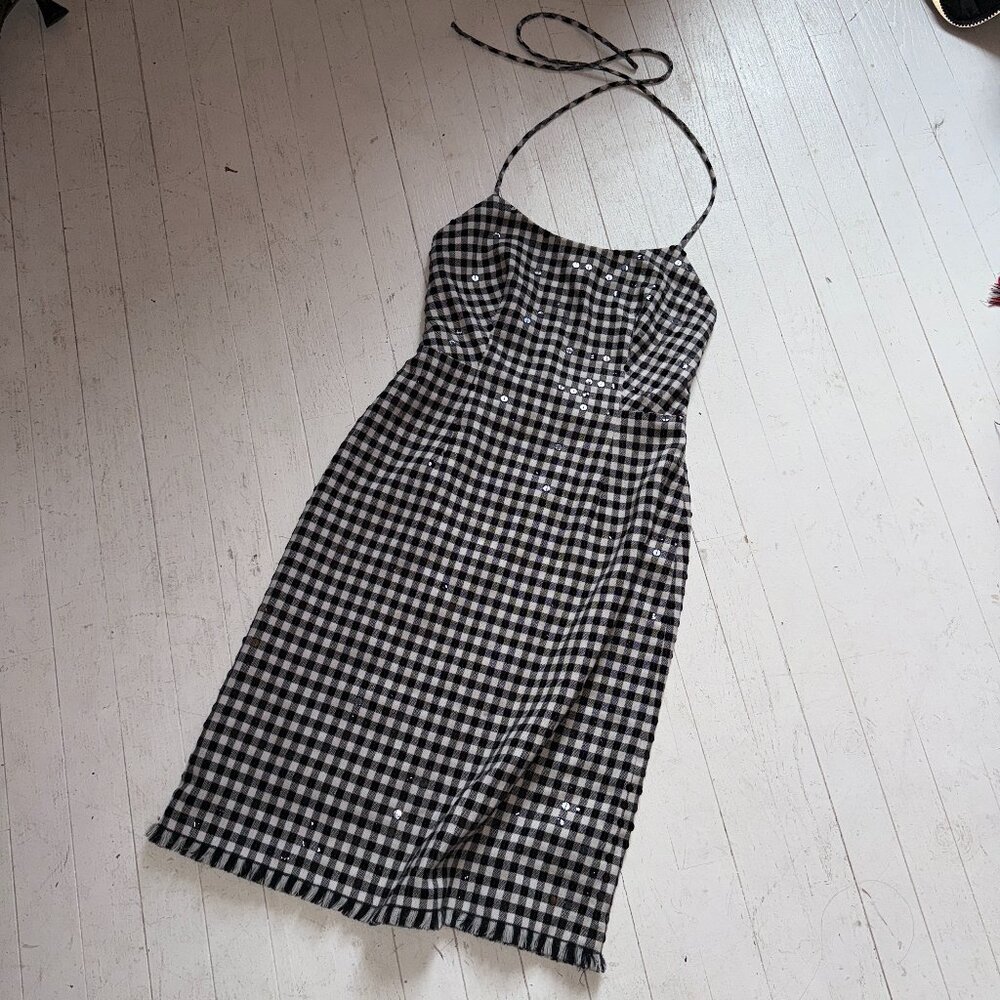 Vintage Moschino Gingham Sequin Halter Mini Dress